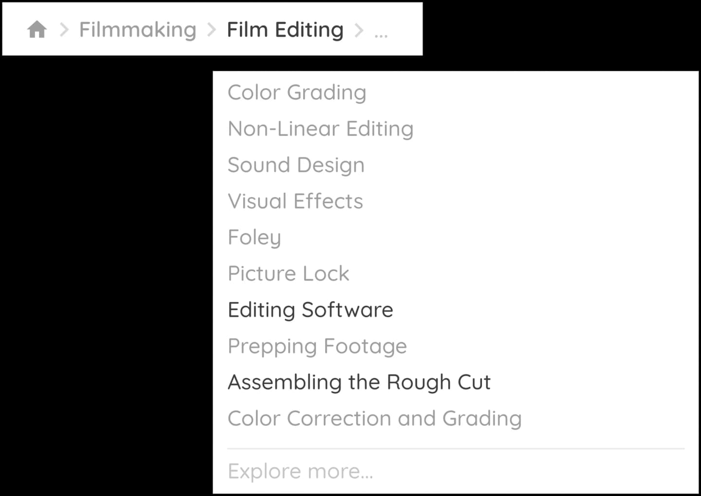 Drilling into a niche: Filmmaking, then Film Editing, opens a list of subtopics such as Color Grading, Sound Design and Assembling the Rough Cut.