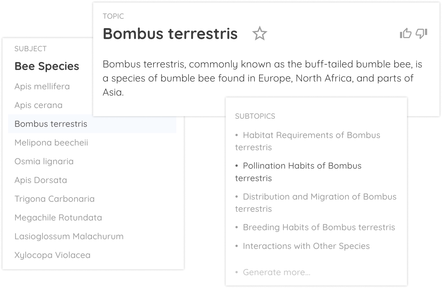 Researching a topic: from a list of bee species, Bombus terrestris opens with its overview and a list of subtopics such as its habitat and pollination habits.